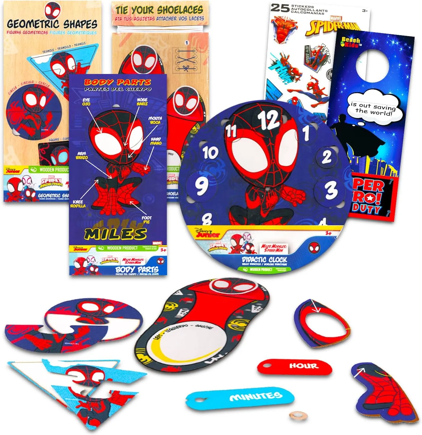 Parts, Shoe Tying, Time-Telling Puzzles, More Spiderman Miles Morales Wood Puzzle Set - Bundle of 4 Spidey & Friends Educational Learning Shapes, infrastructure Body 