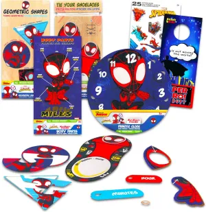 Parts, Shoe Tying, Time-Telling Puzzles, More Spiderman Miles Morales Wood Puzzle Set - Bundle of 4 Spidey & Friends Educational Learning Shapes, infrastructure Body 
