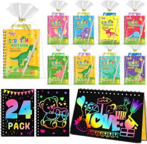 Party Favors Gifts: 24 Pack Dinosaur Scratch Notebook Paper Birthday Party Favor Toy Girls luster iridium skill Boys Art Craft Kit Summer Classroom Goodie Bags Return Gifts for Birthday Party Favors Bulk Kids Scratch Art 