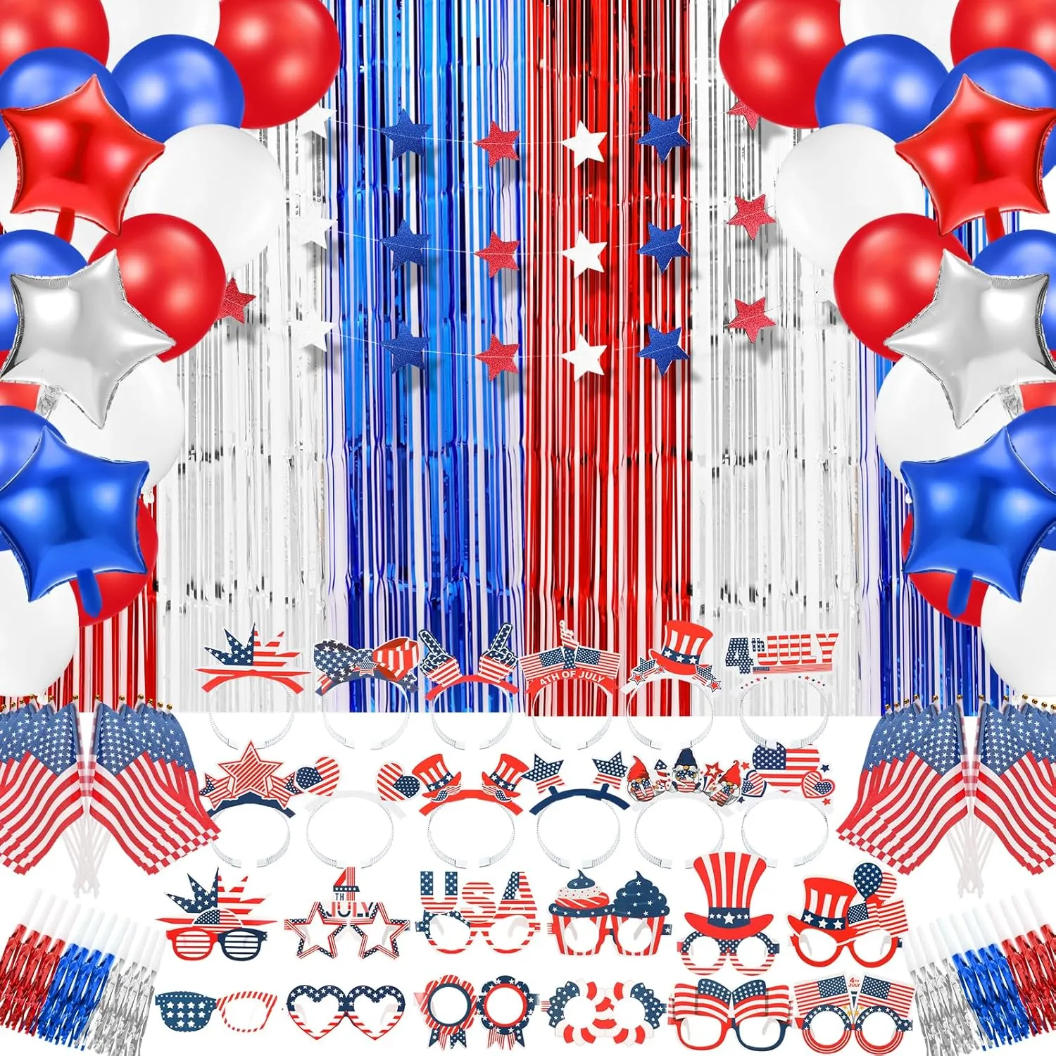 Patriotic Accessories Bulk Includes Balloons$ Headbands$ Glasses$ USA Flag$ Streamers$ Banner$ Red White Blue 4th of July push dull suppress Party Decoration$ Independence Day Party Favors Set 153 Pcs 