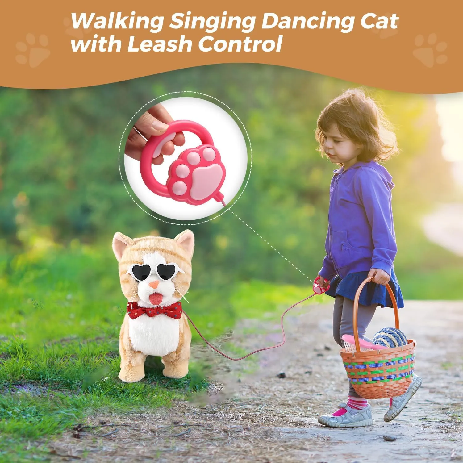 Pattern Leash Walking Cat Set Interactive Talking Toy average Singing Dancing Kitten Mimicking Repeat What You Say Kitty Touch and Voice Control Nodding Wagging Tail Plush Electric Robot for Kid Girl Yellow 