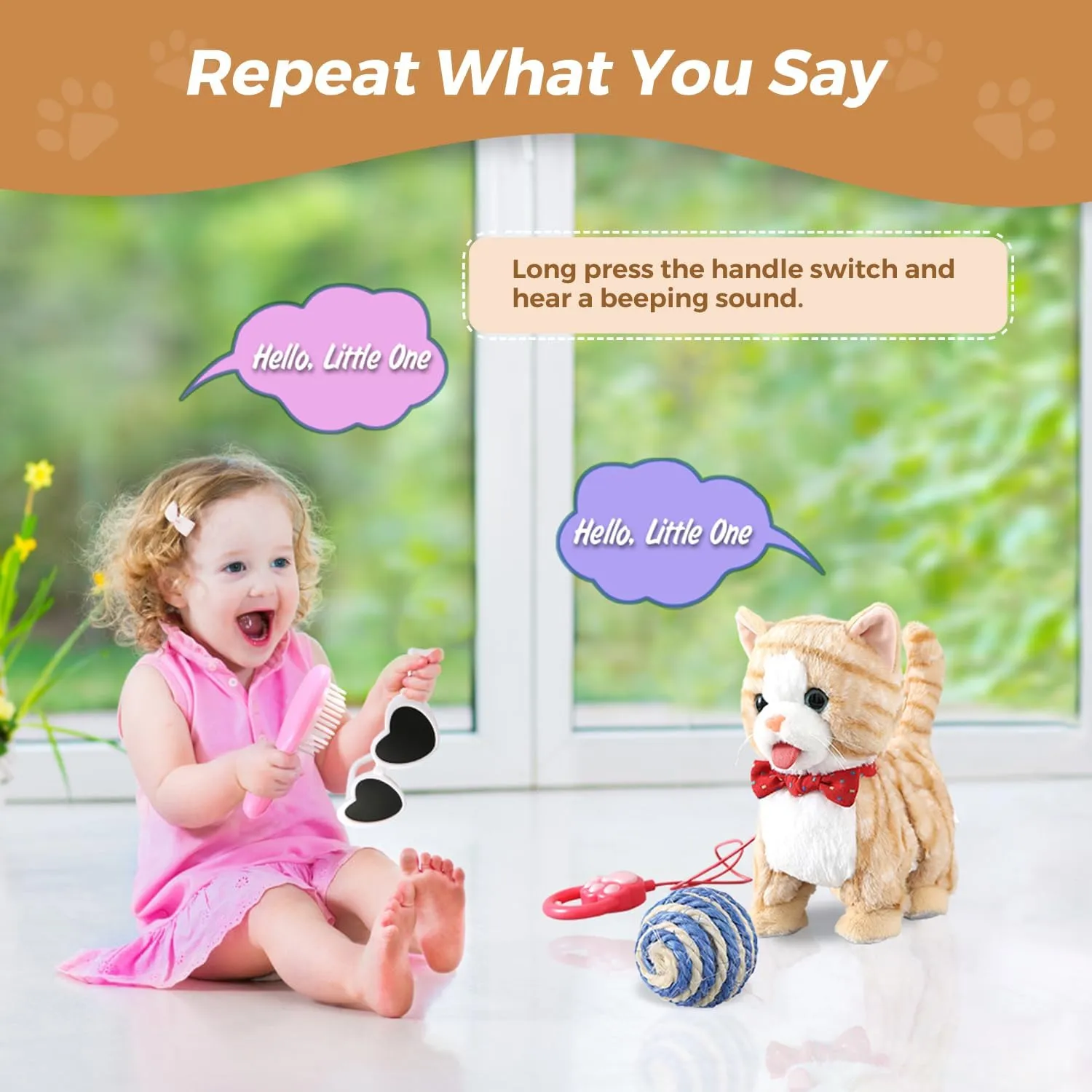 Pattern Leash Walking Cat Set Interactive Talking Toy average Singing Dancing Kitten Mimicking Repeat What You Say Kitty Touch and Voice Control Nodding Wagging Tail Plush Electric Robot for Kid Girl Yellow 
