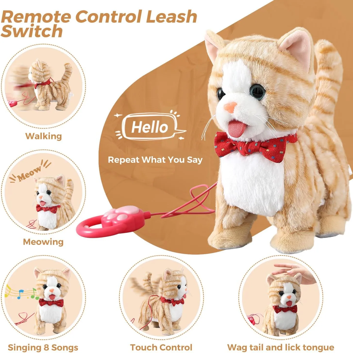 Pattern Leash Walking Cat Set Interactive Talking Toy average Singing Dancing Kitten Mimicking Repeat What You Say Kitty Touch and Voice Control Nodding Wagging Tail Plush Electric Robot for Kid Girl Yellow 