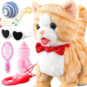 Pattern Leash Walking Cat Set Interactive Talking Toy average Singing Dancing Kitten Mimicking Repeat What You Say Kitty Touch and Voice Control Nodding Wagging Tail Plush Electric Robot for Kid Girl Yellow 