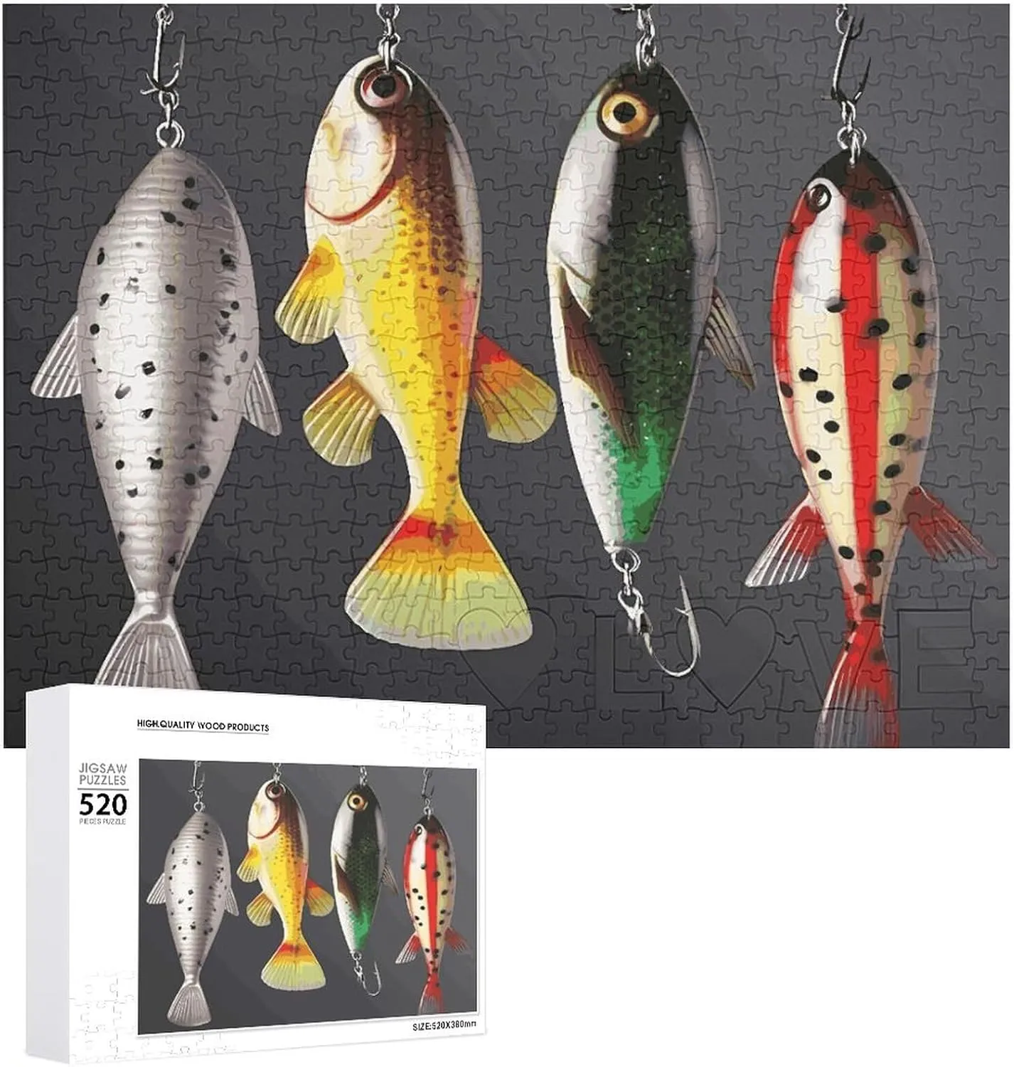 Personalized Wooden Puzzle Photo Puzzle Gifts 20.5" X 15 520 Piece Jigsaw Puzzle - Various Type of Fishing Baits pearly amplify Picture Puzzles for Adults Challenging Puzzle 