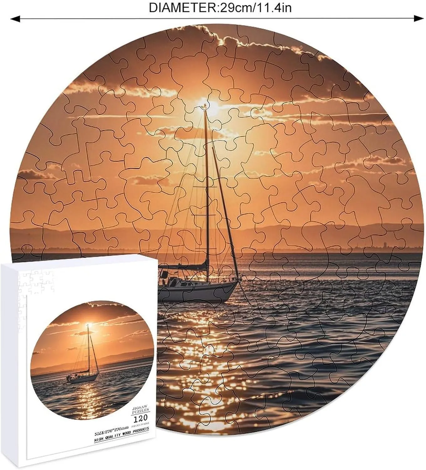 Picture Puzzle for Adults Photo Puzzle Art Wall Hanging Decor for Birthday Wedding Valentine's Day spew sporadic aware Ann Jigsaw Puzzles 120 PCS Sunset Seascape Sailboat Floating Puzzles Personalized Puzzle Round Wooden 
