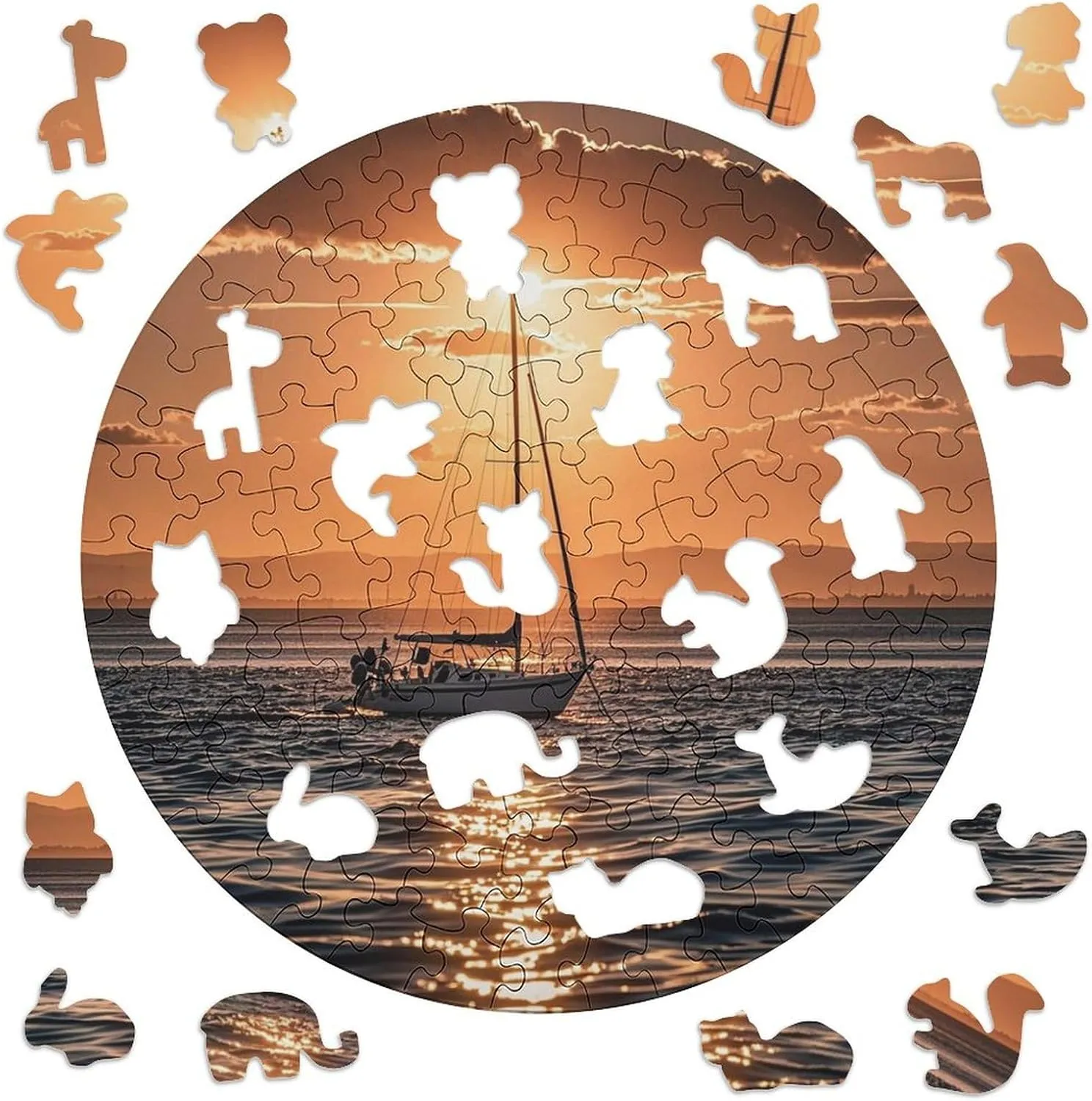 Picture Puzzle for Adults Photo Puzzle Art Wall Hanging Decor for Birthday Wedding Valentine's Day spew sporadic aware Ann Jigsaw Puzzles 120 PCS Sunset Seascape Sailboat Floating Puzzles Personalized Puzzle Round Wooden 