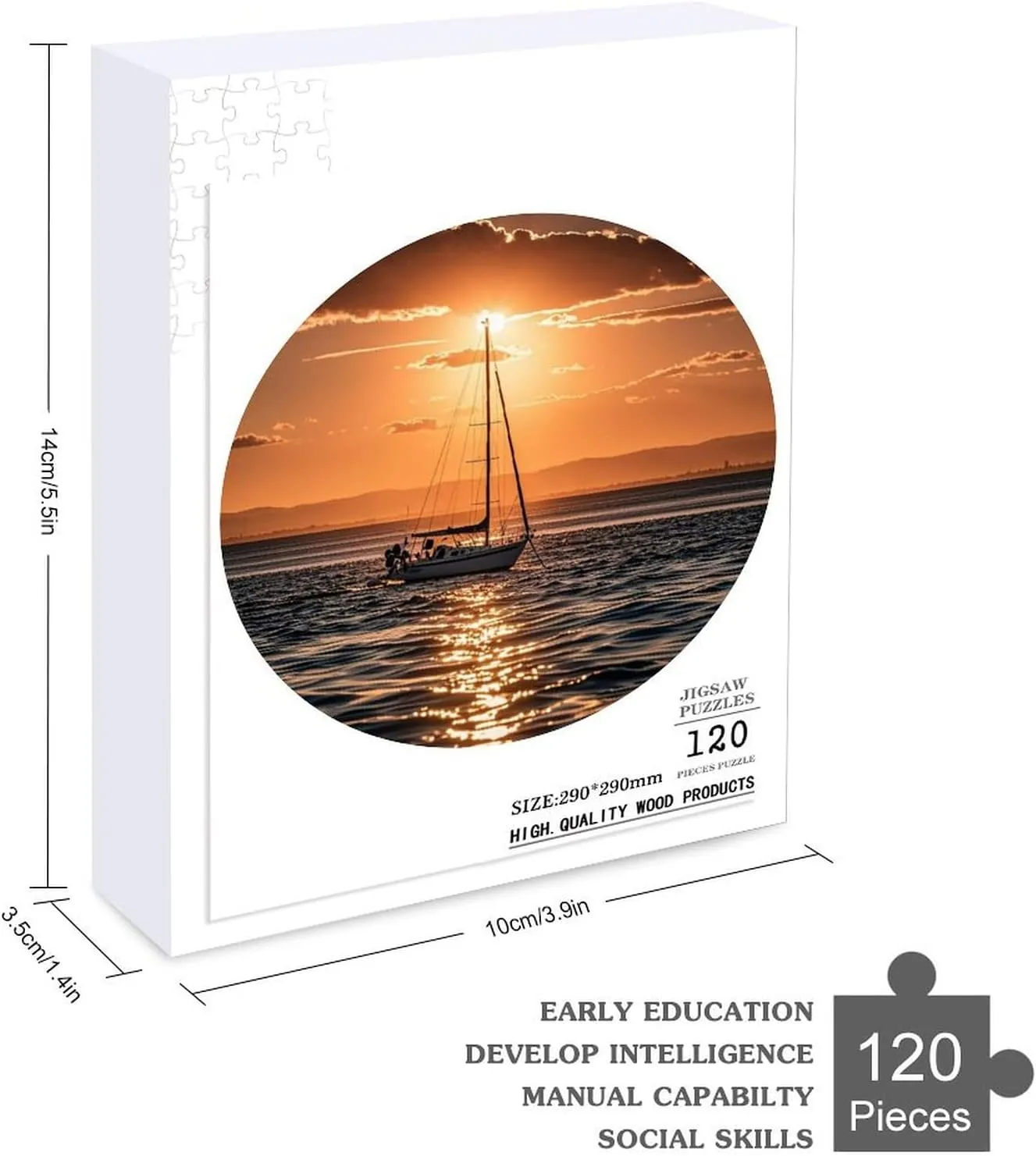 Picture Puzzle for Adults Photo Puzzle Art Wall Hanging Decor for Birthday Wedding Valentine's Day spew sporadic aware Ann Jigsaw Puzzles 120 PCS Sunset Seascape Sailboat Floating Puzzles Personalized Puzzle Round Wooden 
