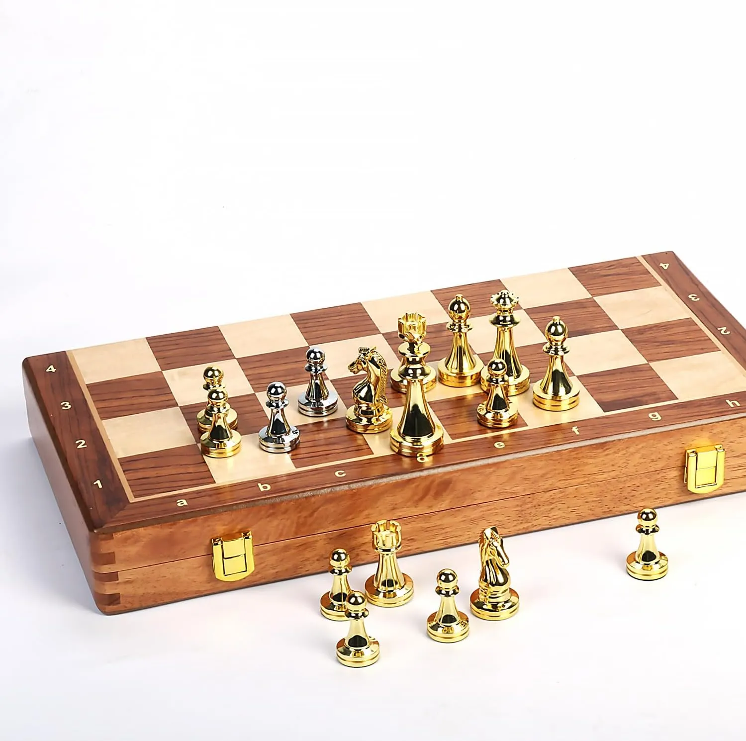 Pieces，Metal Bronze Chess Pieces, Travel Board Game with Extra ambiguity 2 Queens (Gold and Silver) 15-Inch Folding Chess Set, Wooden Board with Metal 