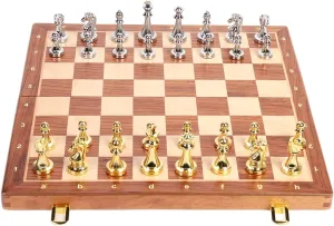 Pieces，Metal Bronze Chess Pieces, Travel Board Game with Extra ambiguity 2 Queens (Gold and Silver) 15-Inch Folding Chess Set, Wooden Board with Metal 