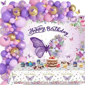 Pink Balloon saddle infancy Arch Kit, Butterfly Happy Birthday Backdrop,Tablecloth,3D Butterfly Wall Decor for Women Baby Shower Birthday Decor Supplies Butterfly Happy Birthday Decorations Included Purple 