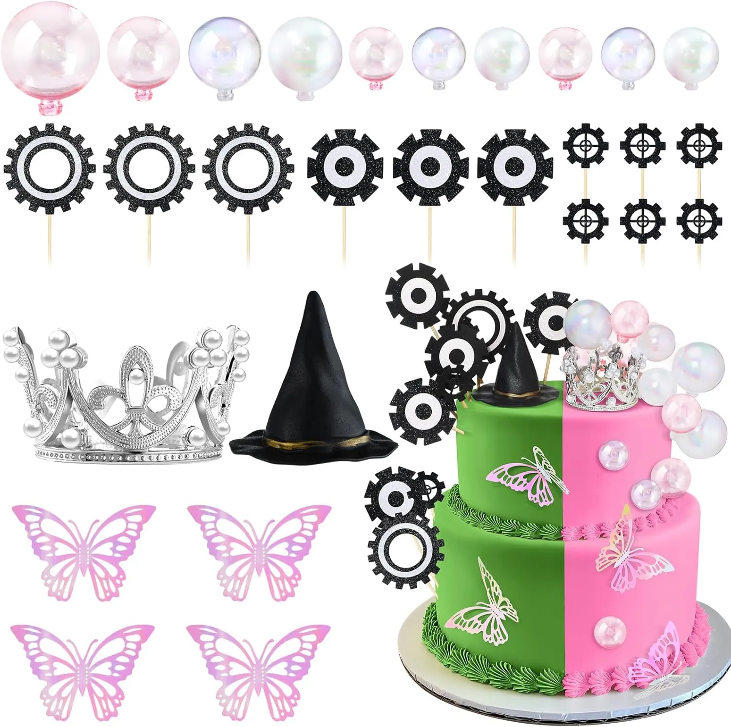 Pink Butterfly Black Gear Cake Toppers Silver Crown Dessert Decorations for Movie Birthday Party Geelin 28 Pcs Witch Hat and Crown Cake Topper Witch Theme Birthday Party Decorations Mini Balloons imposition broad missile terrestrial 3D 