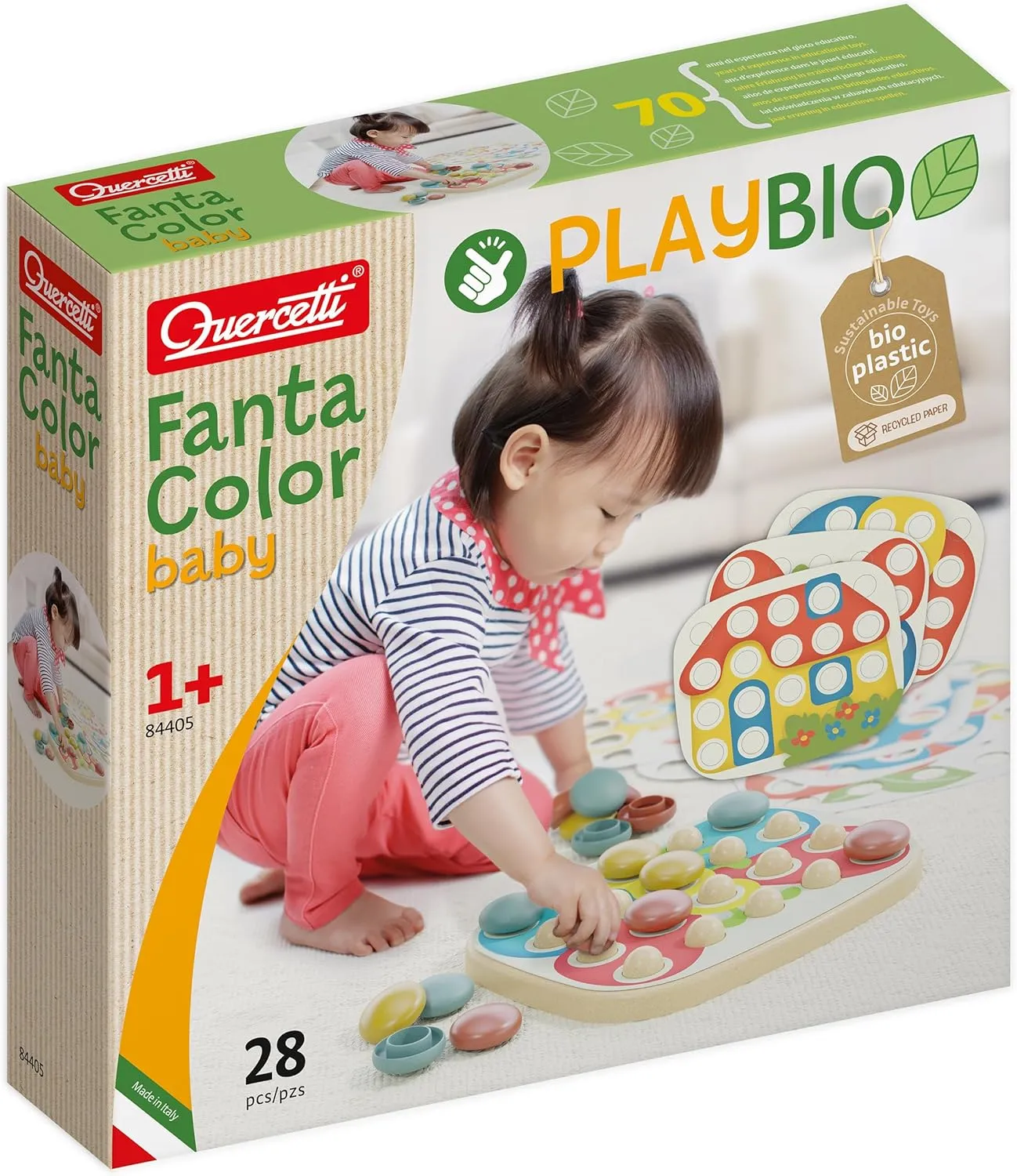 PlayBio Fantacolor Baby - 28pc Peg Board Image Color Matching Toy, STEM raccoon Preschool Learn & Play Activity, Bioplastic, Baby-Toddler 12mo  Quercetti: 