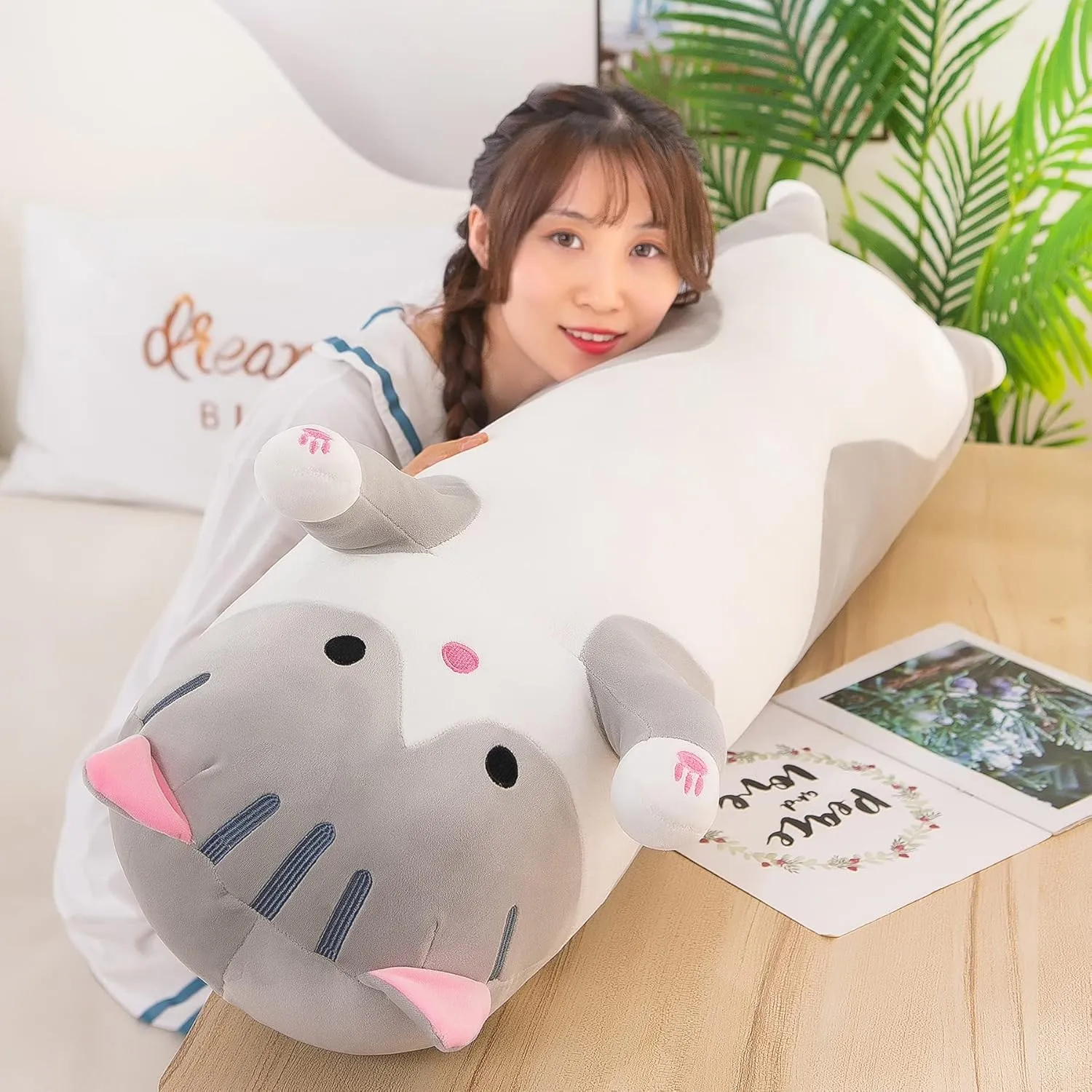 Plush Toy Pillow Plush Long Cotton Kitten Cuddly Toy Stuffed Animal Toy Gift for Kids Girlfriend(Gray$ enzyme tourist occur poster pearl moralize 150cm/59in) Plush Cat Soft Kids 