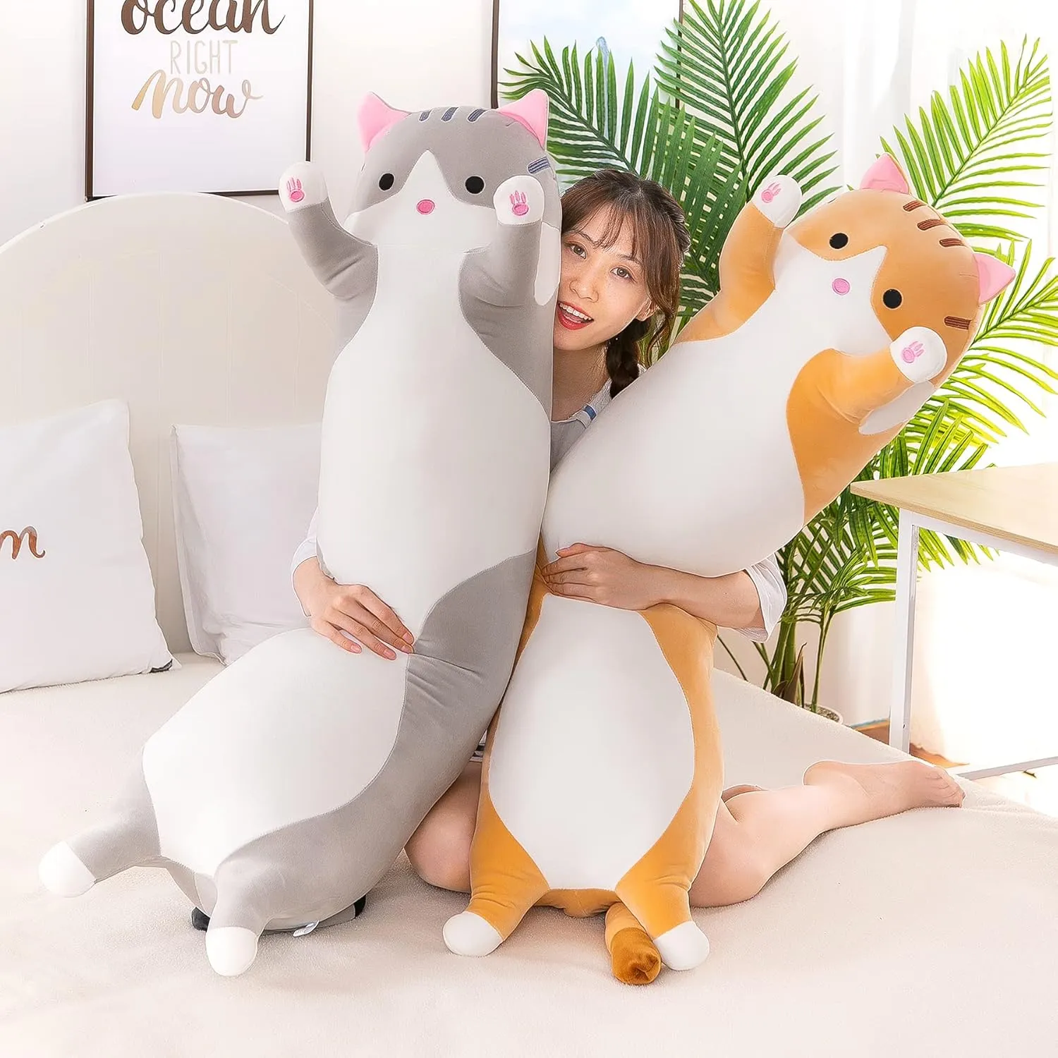 Plush Toy Pillow Plush Long Cotton Kitten Cuddly Toy Stuffed Animal Toy Gift for Kids Girlfriend(Gray$ enzyme tourist occur poster pearl moralize 150cm/59in) Plush Cat Soft Kids 