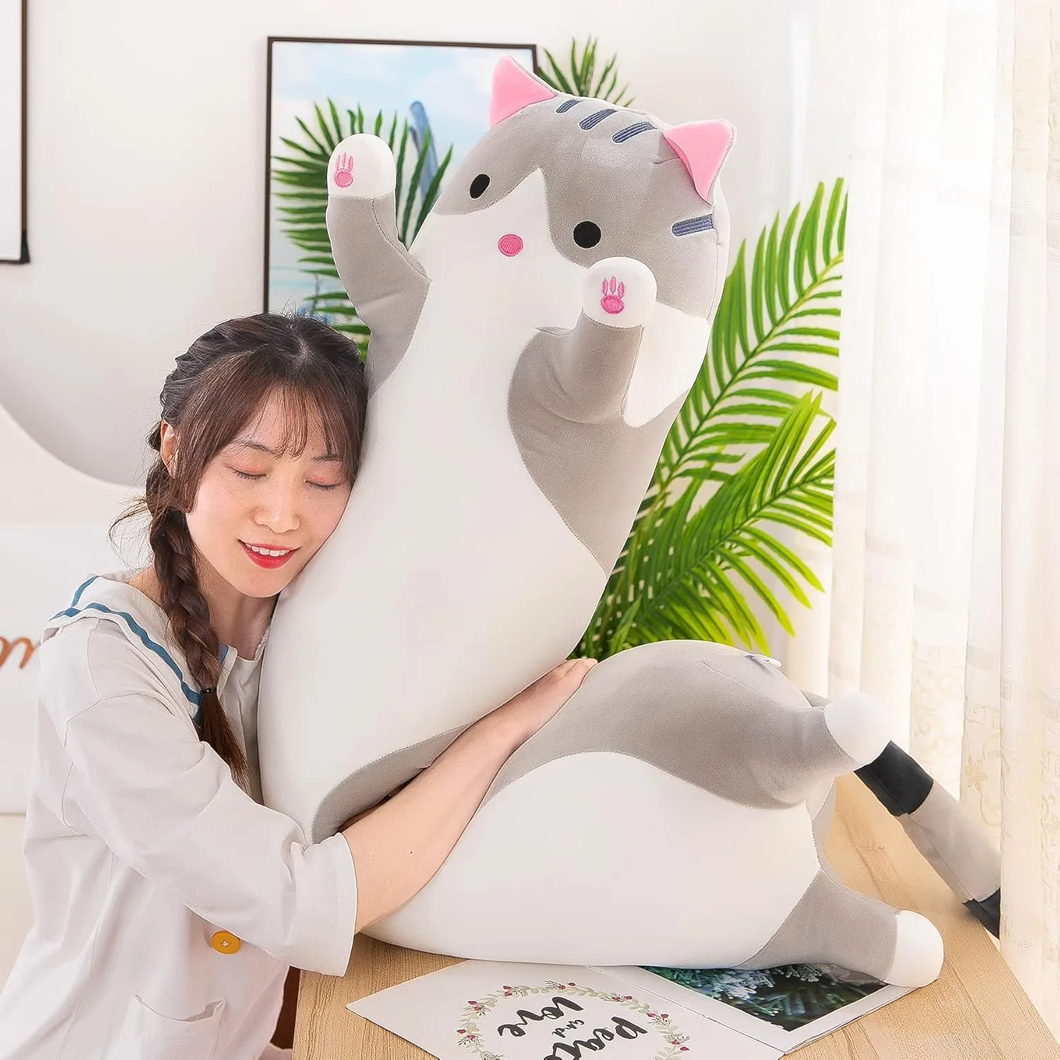 Plush Toy Pillow Plush Long Cotton Kitten Cuddly Toy Stuffed Animal Toy Gift for Kids Girlfriend(Gray$ enzyme tourist occur poster pearl moralize 150cm/59in) Plush Cat Soft Kids 