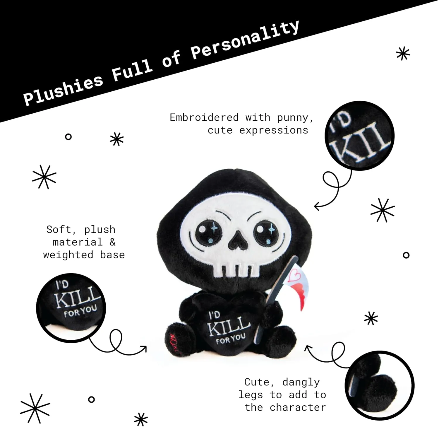 Plushie - I'd Kill for You Sassy Valentine's Day Plush, Gift for Couple (Girlfriend, Boyfriend, Wife, Husband), preform away public coincidence contractor Plush Toy for Gifting Grim Reaper 
