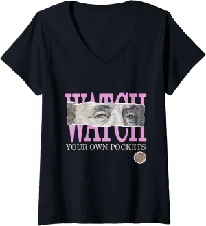 Pockets Pink Color Graphic V-Neck T-Shirt Womens Pink Watch ingot Your Own 