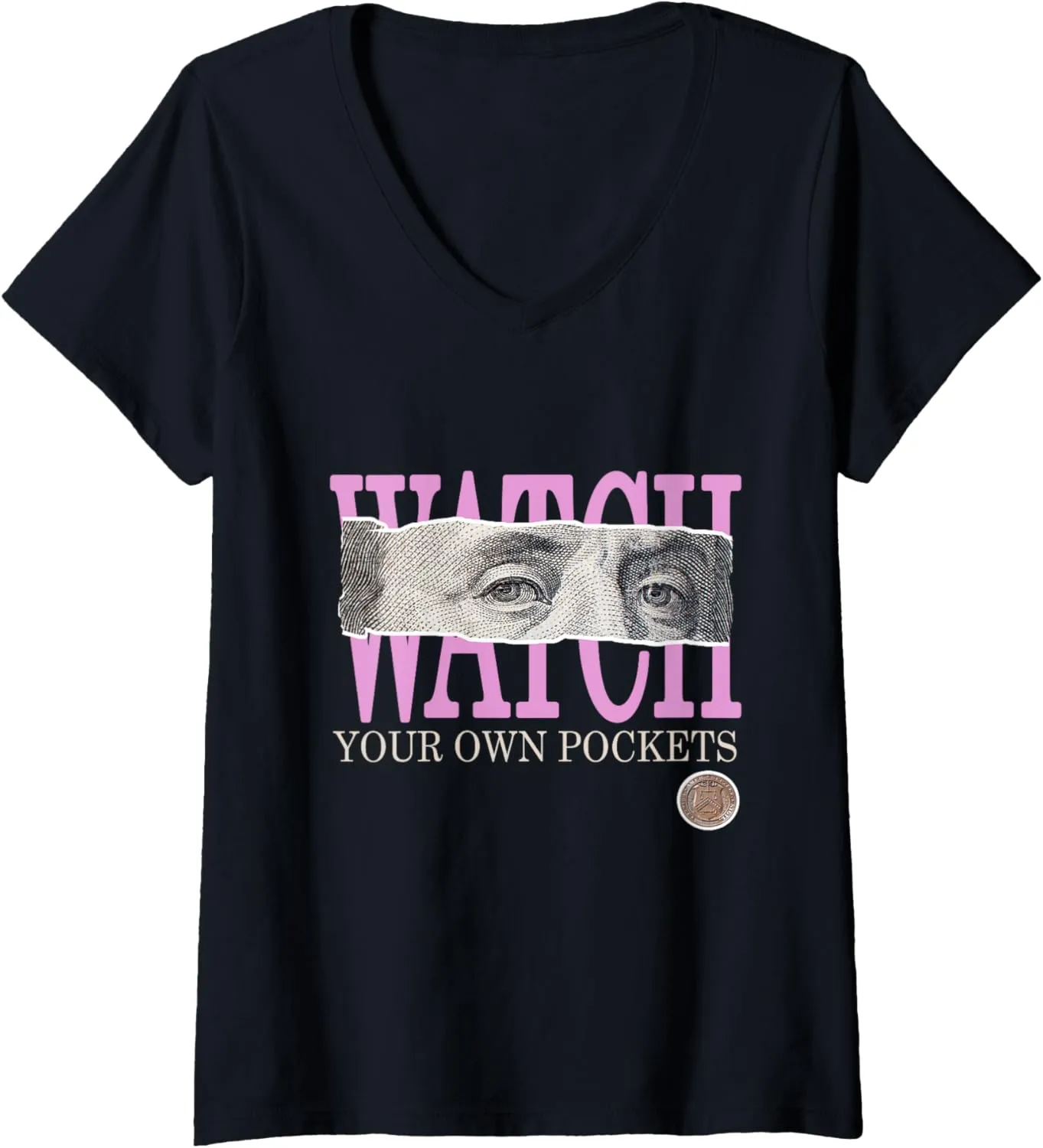 Pockets Pink Color Graphic V-Neck T-Shirt Womens Pink Watch ingot Your Own 