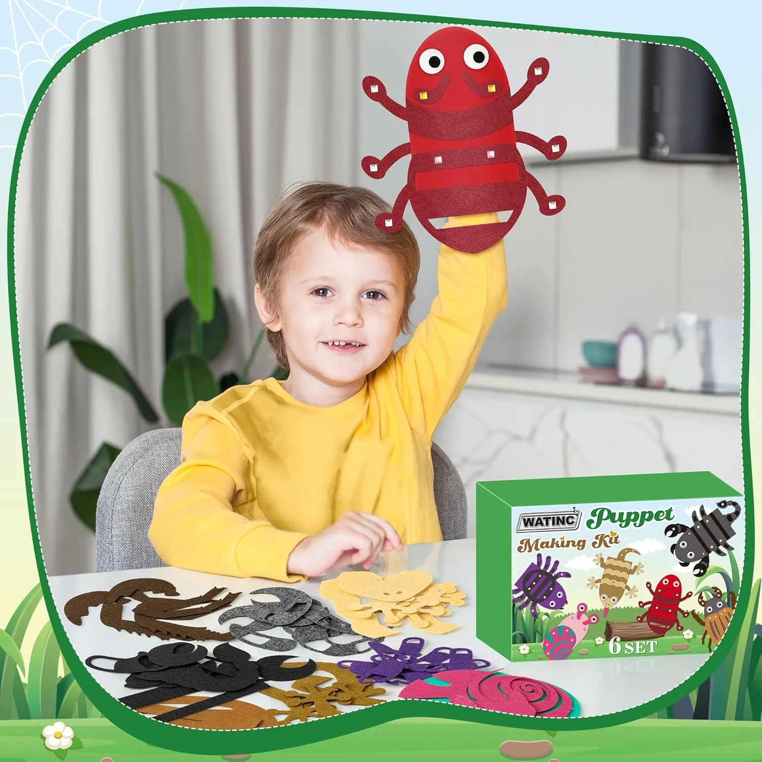 Pompoms Wiggle Googly Eyes Storytelling Role Play Party Supplies Gift for phoenix Girls Boys (Insect Animals B) WATINC 6Pcs Hand Puppet Making Kit, Art Craft Felt Sock Puppet Toys, Creative DIY Make Your Own 