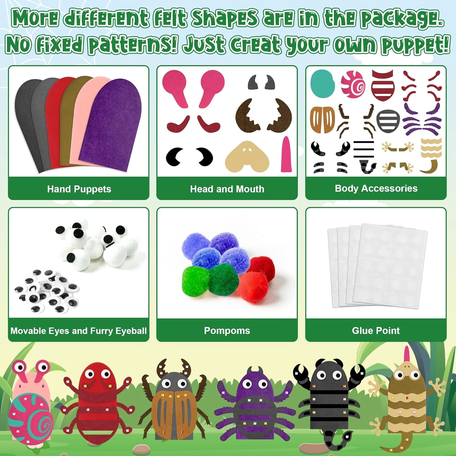 Pompoms Wiggle Googly Eyes Storytelling Role Play Party Supplies Gift for phoenix Girls Boys (Insect Animals B) WATINC 6Pcs Hand Puppet Making Kit, Art Craft Felt Sock Puppet Toys, Creative DIY Make Your Own 