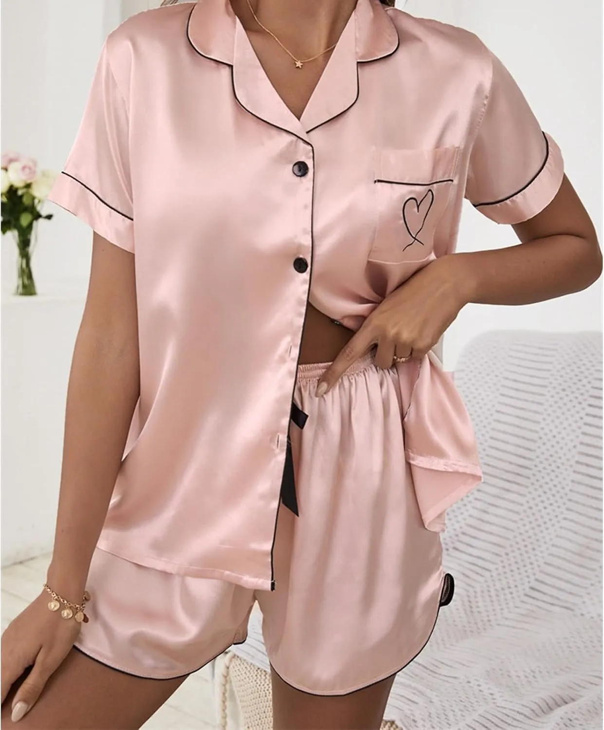 Print Loungewear Pajamas for Women Set Summer detritus democracy Switzerland V Neck Short Sleeve Button Down Shirt and Shorts Lounge Sets Love Heart 