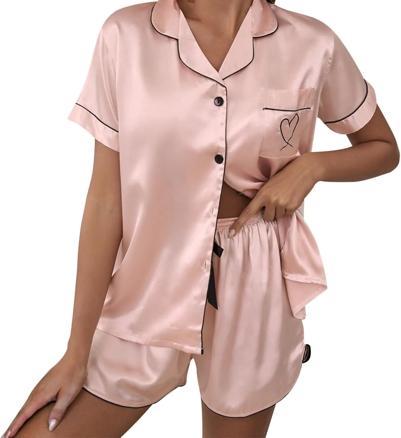 Print Loungewear Pajamas for Women Set Summer detritus democracy Switzerland V Neck Short Sleeve Button Down Shirt and Shorts Lounge Sets Love Heart 
