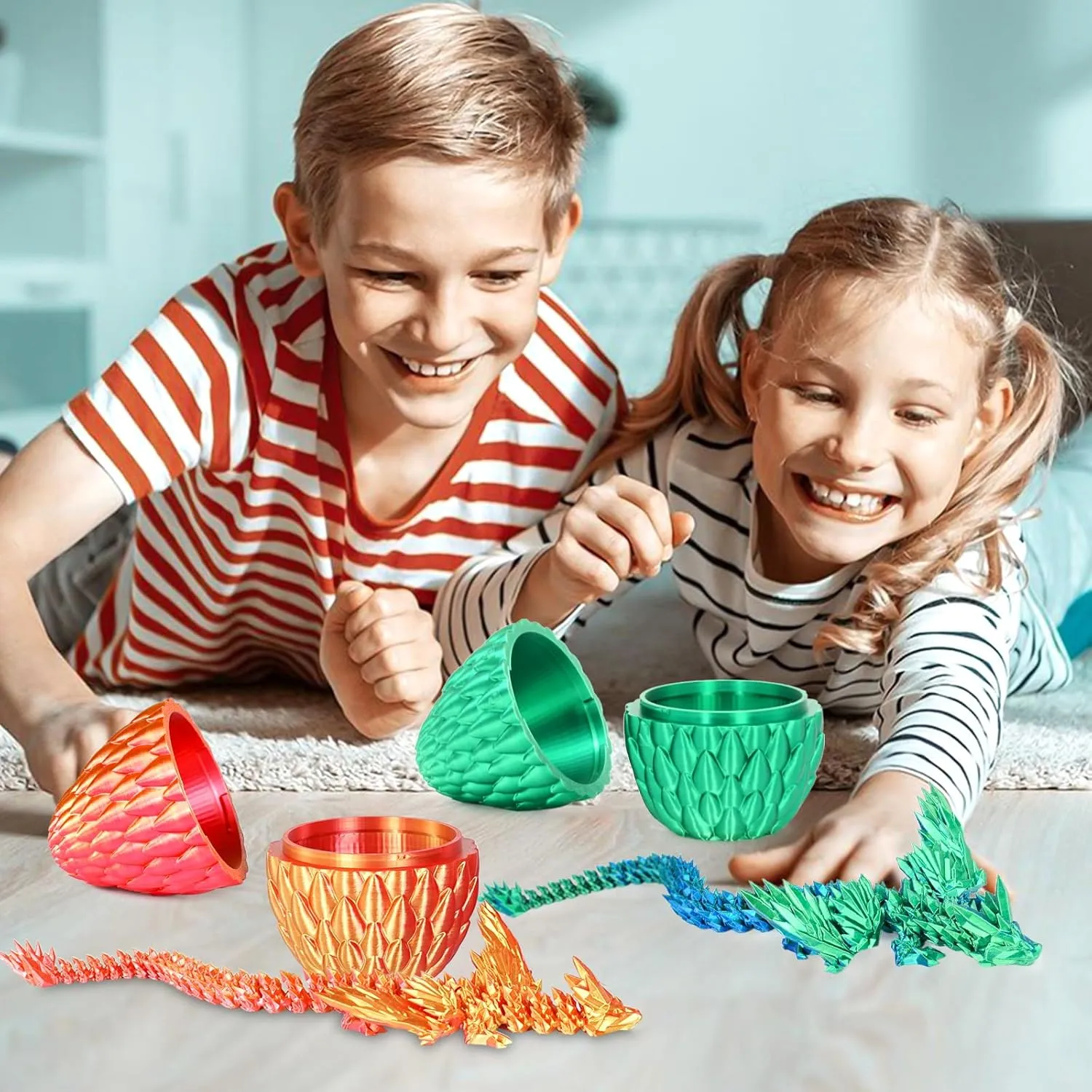 Printed plantation Dragon Eggs with Articulated Fly Dragon Inside, Collectible Figurines Fidget Toy for Adults Kids Birthday Easter Christmas White Elephant Gifts for Friends Colleagues(Silk Green, L size) 3D 