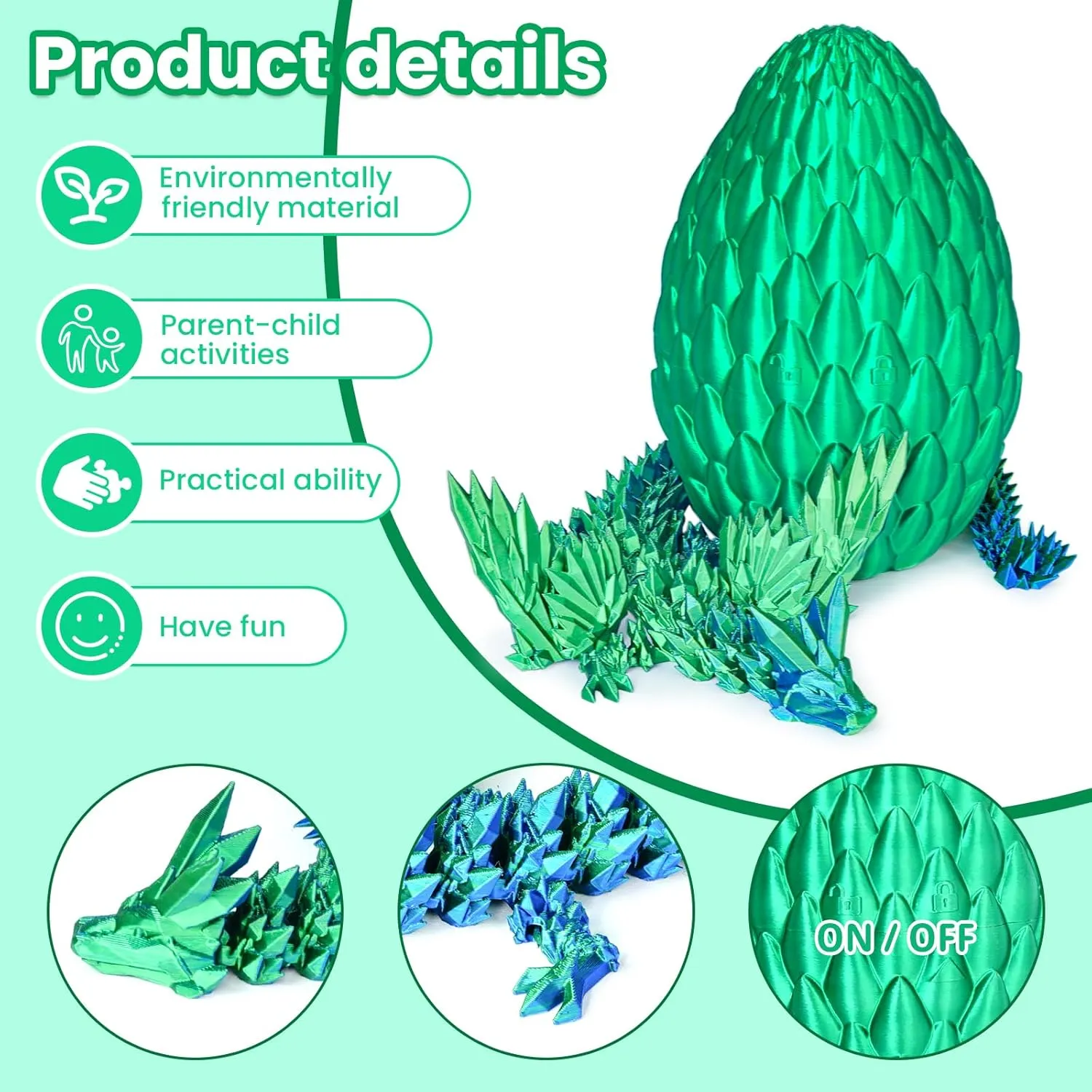 Printed plantation Dragon Eggs with Articulated Fly Dragon Inside, Collectible Figurines Fidget Toy for Adults Kids Birthday Easter Christmas White Elephant Gifts for Friends Colleagues(Silk Green, L size) 3D 