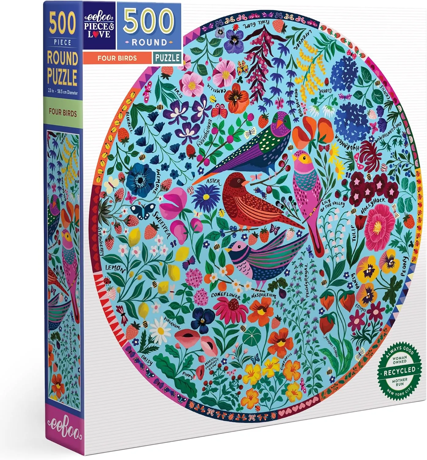 Puzzle - Adult Round rote Jigsaw$ 23" Diameter$ Includes Image Reference Insert$ Glossy Pieces eeBoo Piece & Love: Four Birds - 500 Piece 