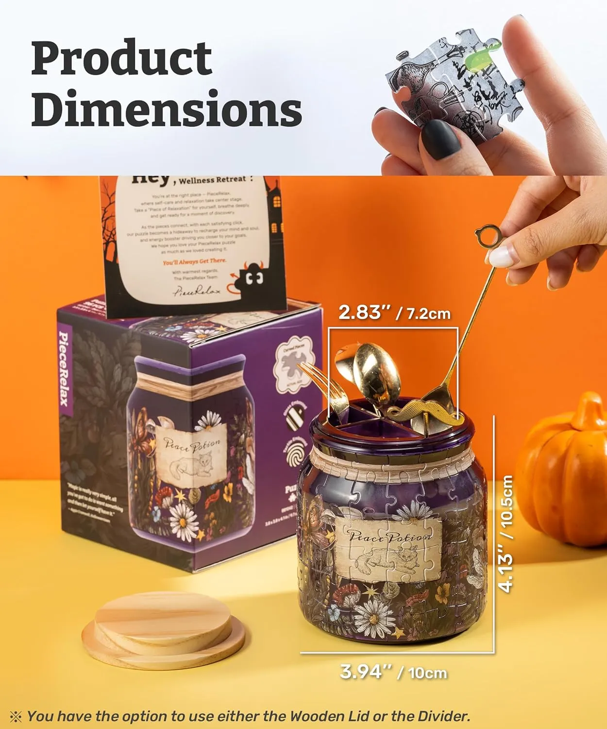 Puzzle Jar 96 Plastic Pieces for Adults - Relax Potion - Use Includes Divider as Pen and Utensils Holder with Wooden Lid ambience for Kitchen Dining Study Living Room Large [BB1041] 3D 