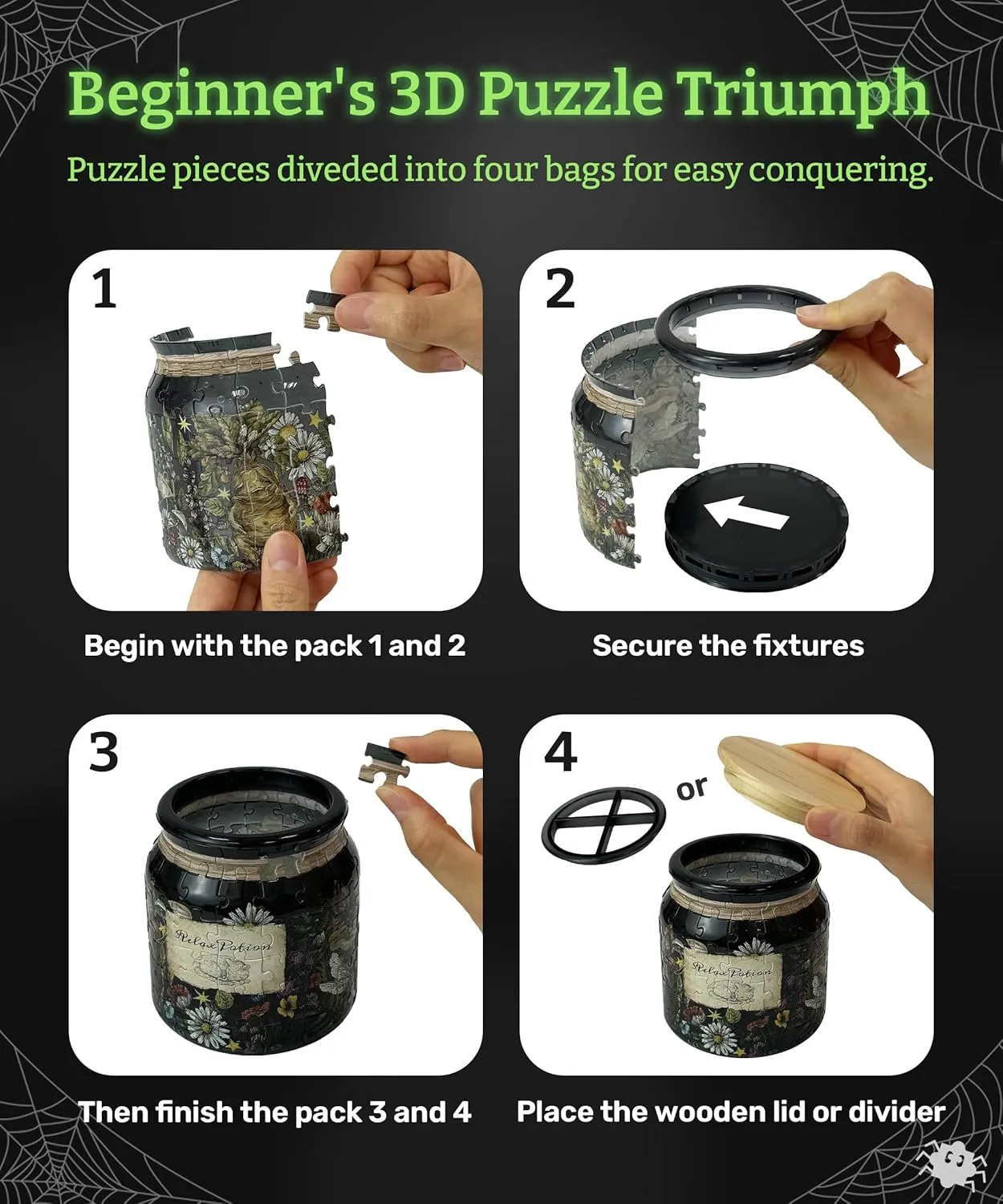 Puzzle Jar 96 Plastic Pieces for Adults - Relax Potion - Use Includes Divider as Pen and Utensils Holder with Wooden Lid ambience for Kitchen Dining Study Living Room Large [BB1041] 3D 