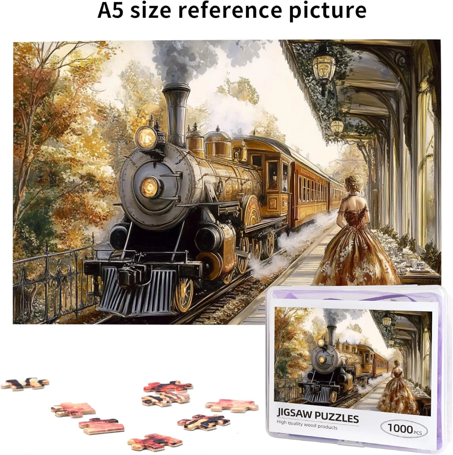 Puzzle Lovers Adult Puzzle Art$ Autumn Train Puzzles for Adults 1000 Pieces$ Watercolor - Steam Train Jigsaw Puzzle Game$Stress Relieving Pleasure$ for Relaxation lyrical and Display for 