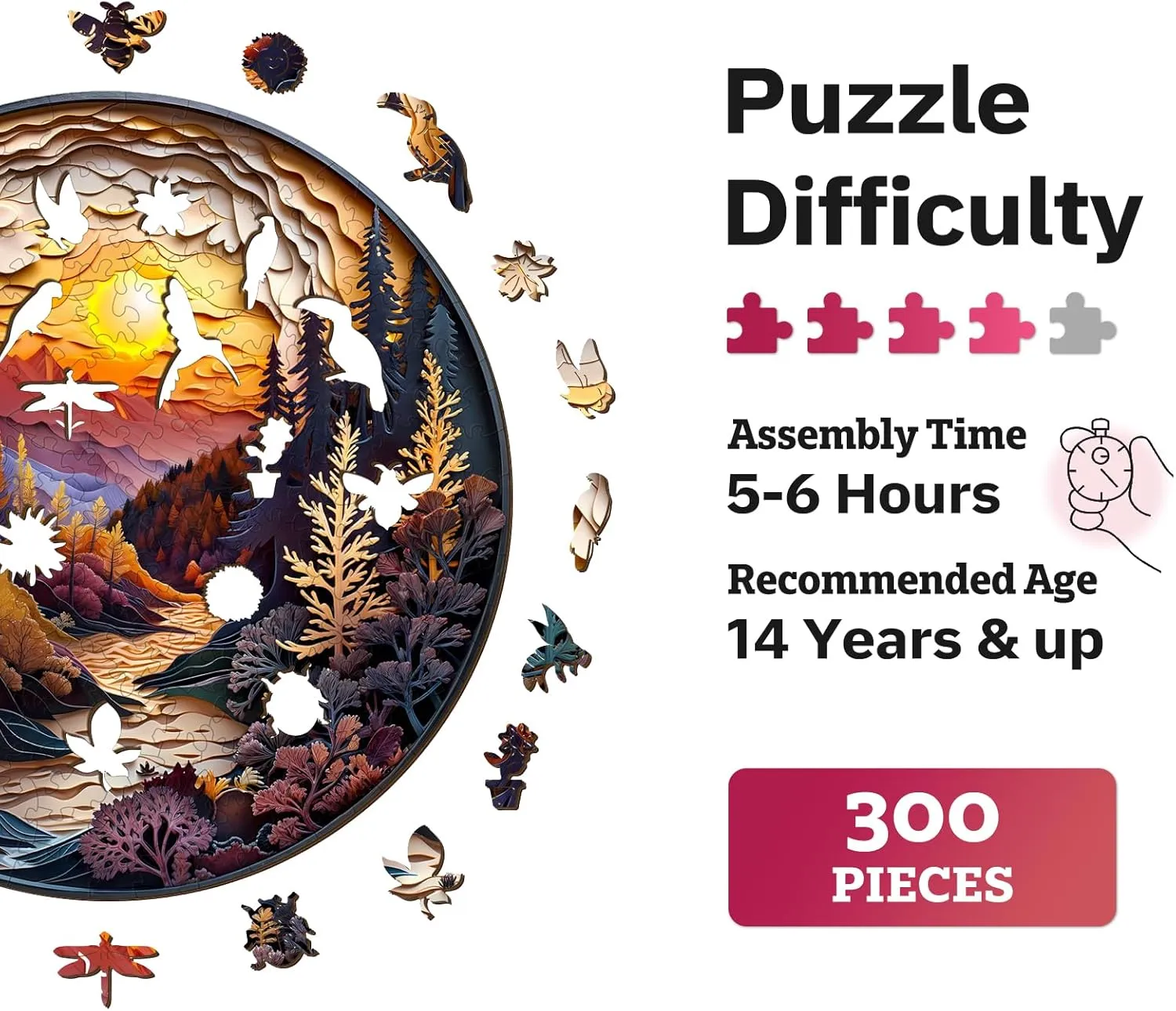 Puzzles for Adults$ Visual 3D Sunset Forest Wood Puzzles Adult$ Unique Animal Shape Wooden Jigsaw Puzzles for Adults$ Birthday Gifts for Puzzle Lovers$ Family (L-13.4 * 13.4in-300pcs) Jigfoxy Netherland Wooden 