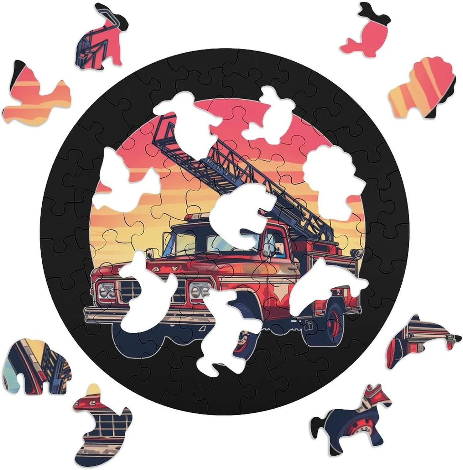 Red Line Firefighter widespread alternate meadow Pacific Fire Truck Sunset Jigsaw Puzzle for Adult Animal Shape Wood Puzzle Picture for Home Party Decor 68 PCS Thin 