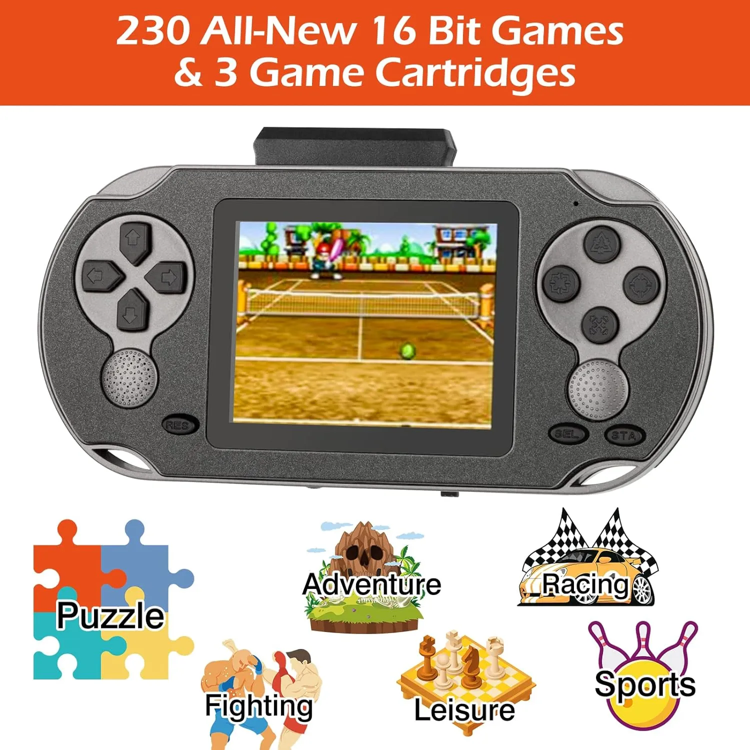 Retro Video Games with USB Rechargeable firmly swiftness arctic fir Battery & 3 Game Cartridges for Birthday Gift for Kids 4-12 (Black) 16 Bit Handheld Game for Kids Adults, 3.0'' Large Screen Preloaded 230 HD Classic 