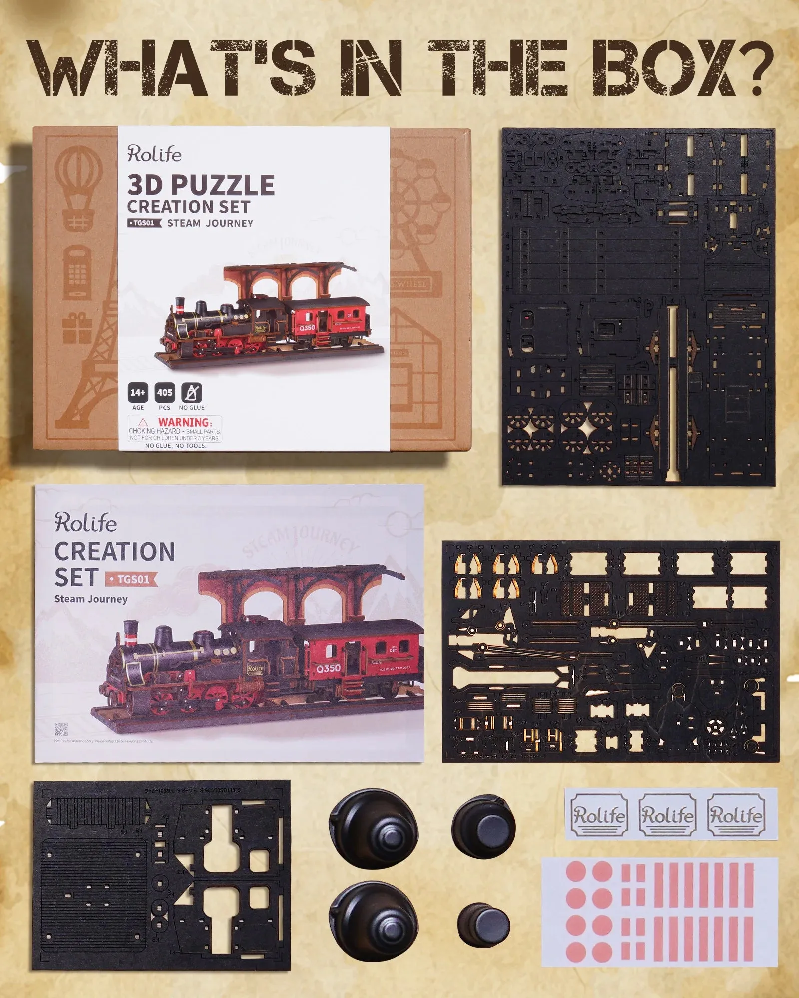 Robotime Rolife Steam Journey 3D Wooden Puzzle – Pre-Colored Traditional Train Model Kit (TGS01)