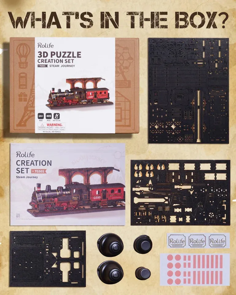 Robotime Rolife Steam Journey 3D Wooden Puzzle Traditional Train Model Pre-colored Design Wood Easy Assemble Toys Gifts TGS01