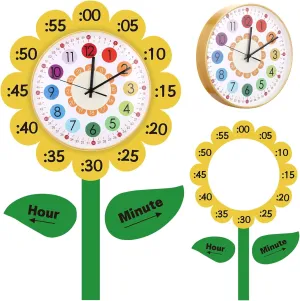 School Pastel Silent Non Ticking Telling The Time Teaching Clock Battery Operated Colorful Sunflower for Kid Learn to Tell Time Easily Classroom seclusion Room Playroom Learning Clock for Kids Back to 