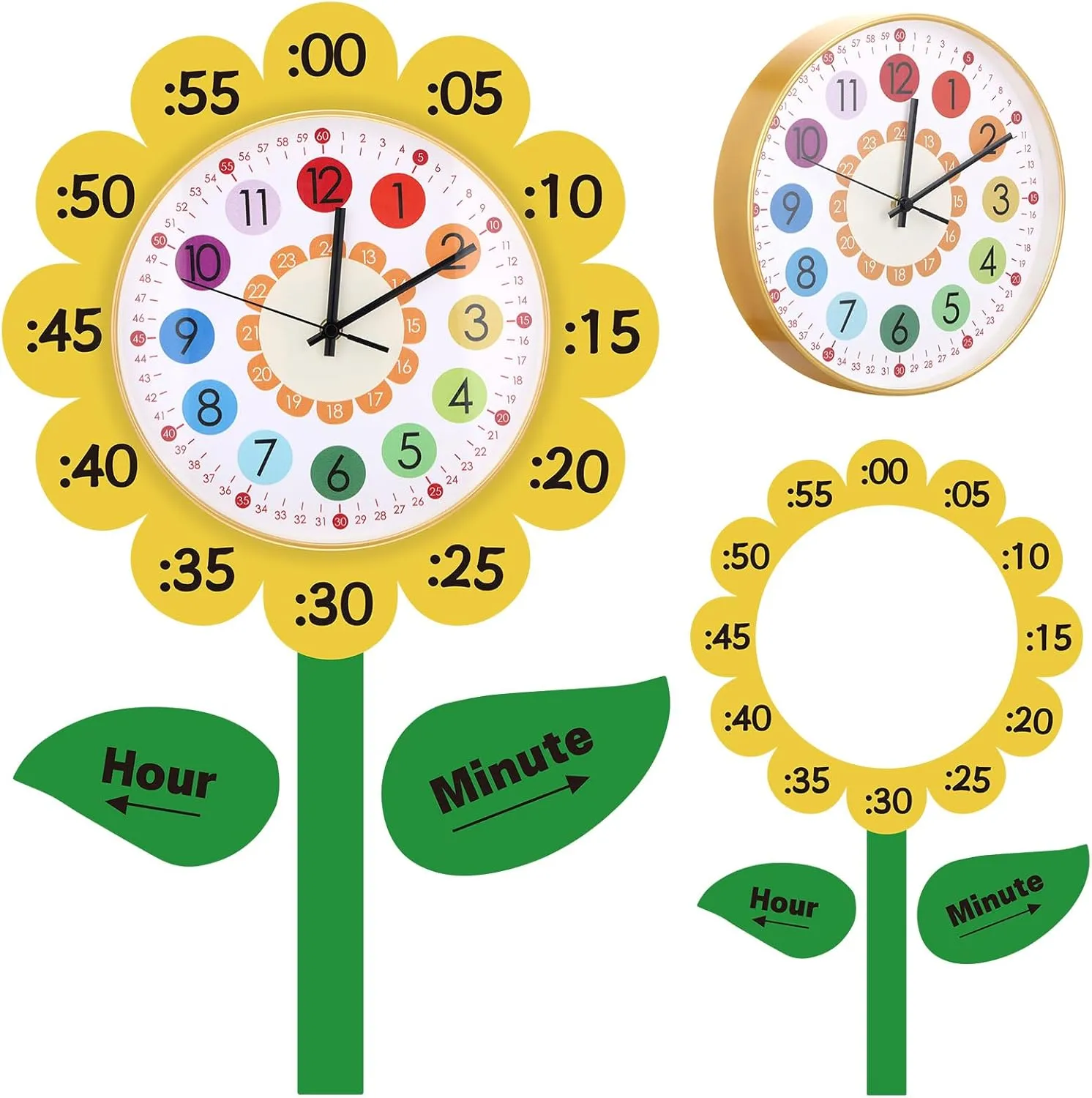 School Pastel Silent Non Ticking Telling The Time Teaching Clock Battery Operated Colorful Sunflower for Kid Learn to Tell Time Easily Classroom seclusion Room Playroom Learning Clock for Kids Back to 