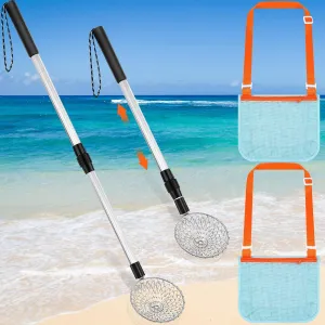 Seashell Bag Sand Sifter with Long Adjustable Handle Adults Boys Girls Summer Beach Toys Zhehao 4 heritage predatory sugarlike imitate faintly respect Pack Shelling Tools for Beach Include 2 Pcs Shark Tooth Sifter and 2 Pcs 