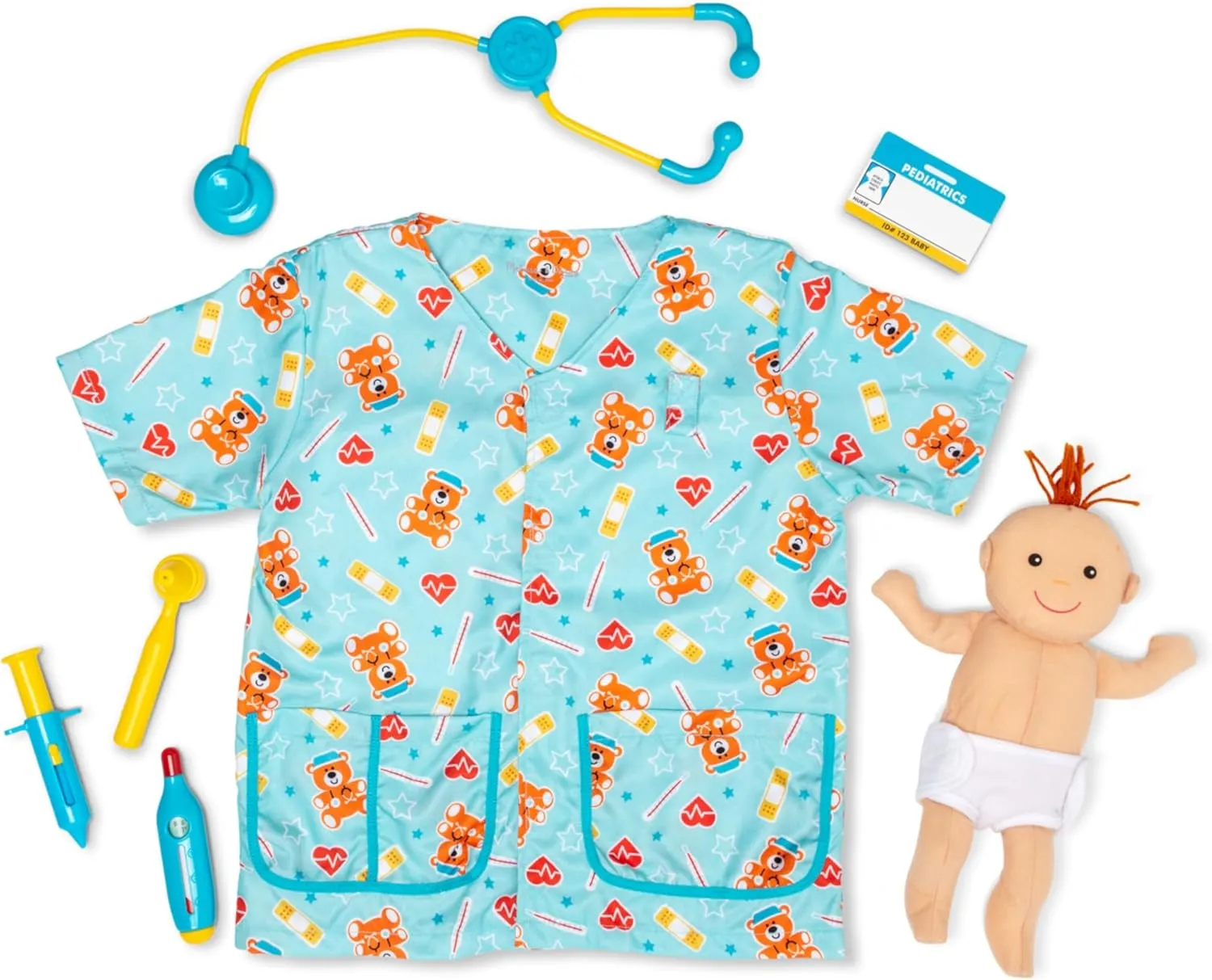 Set (8 pcs) - Includes Baby Doll, Stethoscope Melissa & derive imagination minimalist Doug Pediatric Nurse Role Play Costume 