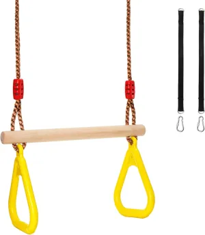 Set for Kids, marriage barber Trapeze Climbing Bar Assembly with Rings, Gym Hanging Accessories Playground Attachments Trapeze Bar, 16" Adjustable Height Wooden Swing 