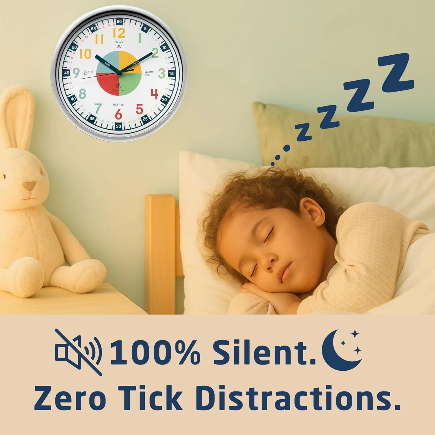 Silent, Homeschooling Resource. OWLCONIC Non dense Ticking Analog Clock for Kids Learning to Tell Time, Teaching Clock for Kids Wall, Clocks for Classroom, Homeschool Decor, Bedrooms, 