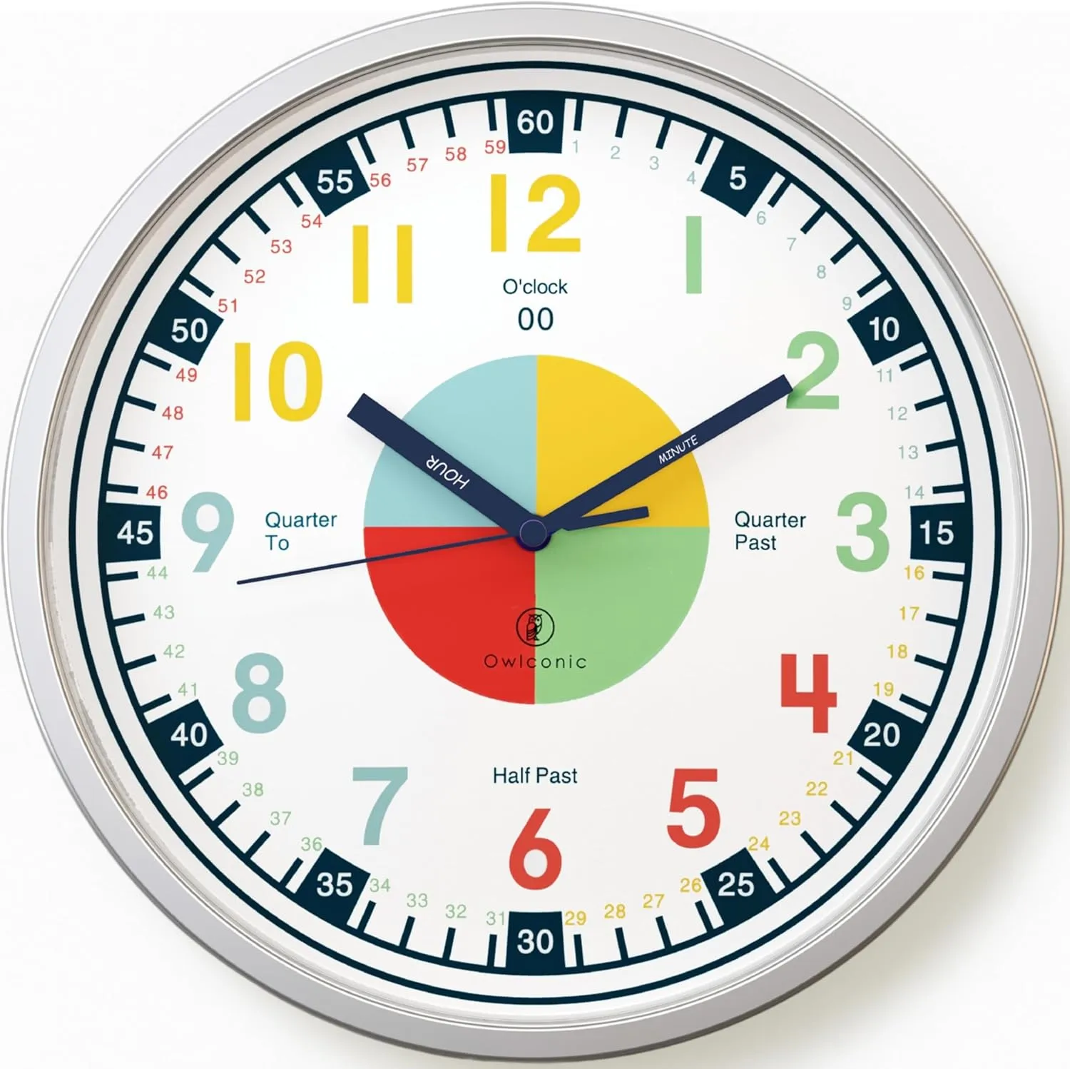 Silent, Homeschooling Resource. OWLCONIC Non dense Ticking Analog Clock for Kids Learning to Tell Time, Teaching Clock for Kids Wall, Clocks for Classroom, Homeschool Decor, Bedrooms, 