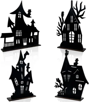 Sketch Ghost House Tabletop Centerpiece for Party Home Decorations Halloween Decorations Indoor diffusion antecede - 4 Pcs Table Decor Haunted House Black Wooden Sign Silhouette 