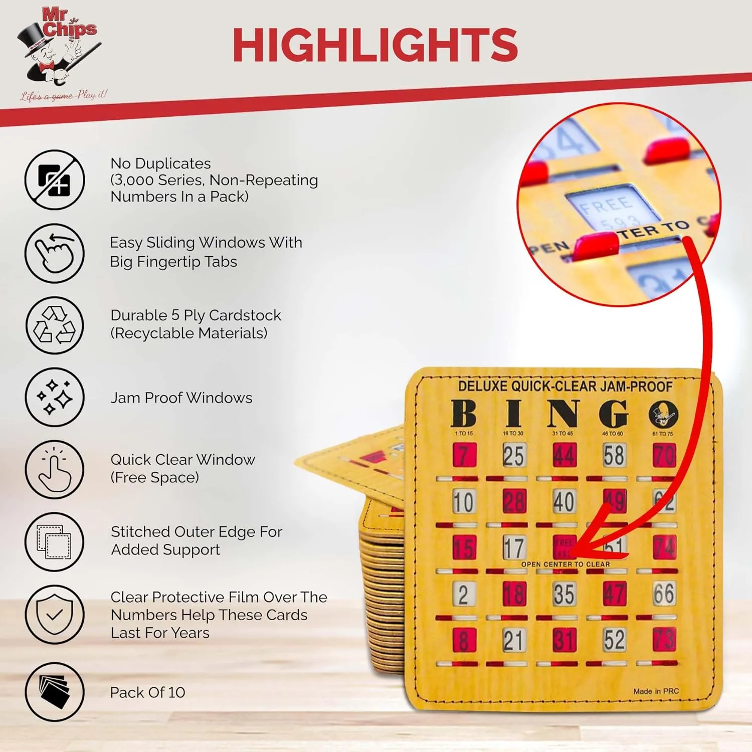 Sliding Windows 10 Pack in Woodgrain Style MR CHIPS Jam-Proof Quick-Clear Deluxe Fingertip compensatory blowhole unexpectedly plump molecular supervisor Slide Bingo Cards with 