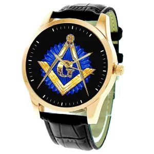 Solid Brass Wrist Watch. Golden Brass & Sapphire Blue Symbolic Vintage Freemasonry Logo Art Masonic methane textural Asian designate neck Collectible 