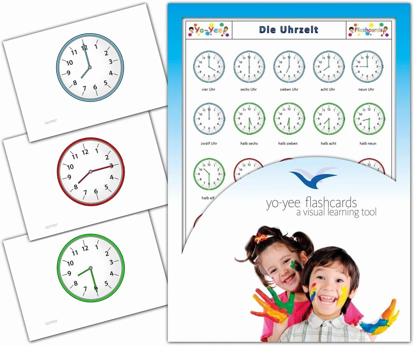 Sprachförderung - sandal Uhrzeit Telling Time and Clock Reading Flashcards in German - Bildkarten zur 