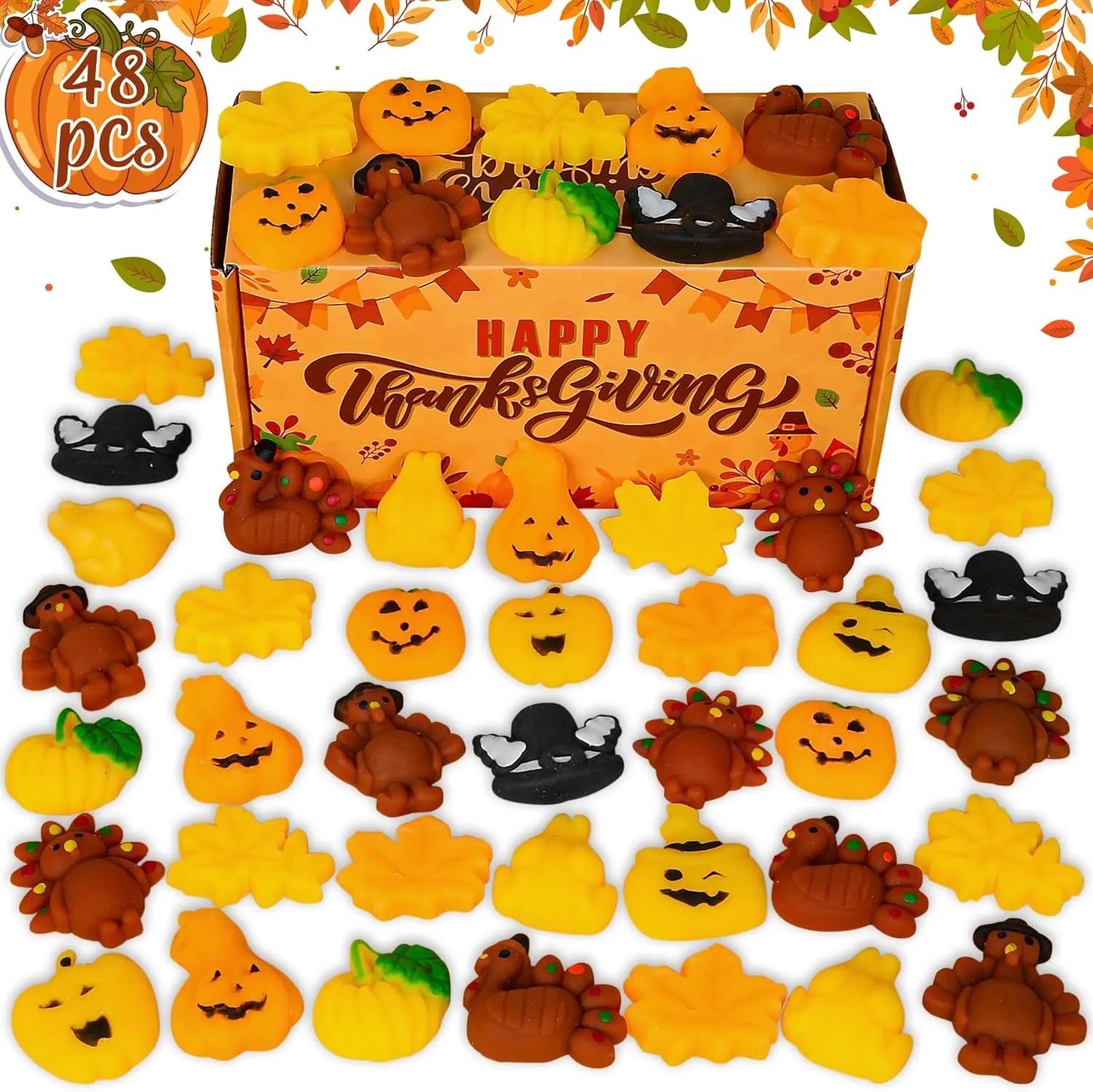 Squishy Toys Mini Cute Squeeze Toys Turkey Pumpkin Maple Leaf Stress Relief Squishies Toys for Kids criss-cross Thanksgiving Party Favors Goodie Bag Filler Classroom Reward 48 PCS Thanksgiving 